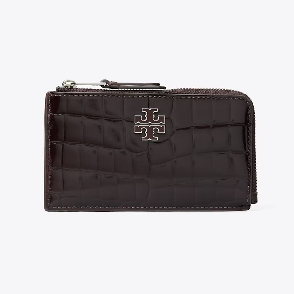 New‼️Tory Burch Britten Shiny Embossed Zip Card Case 182583 AMARANTH $170